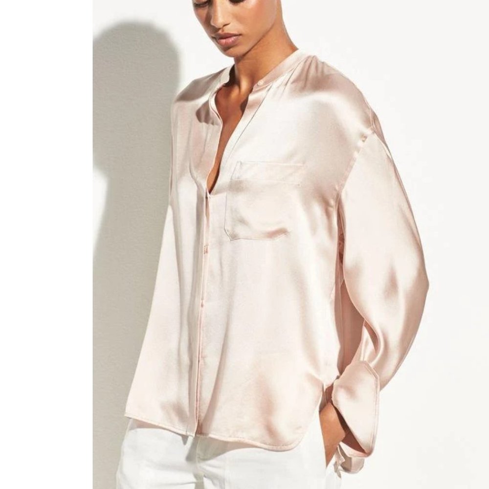 Vince Silk Single Pocket Blouse Shirk Desert Rose Dusty Pink M 6